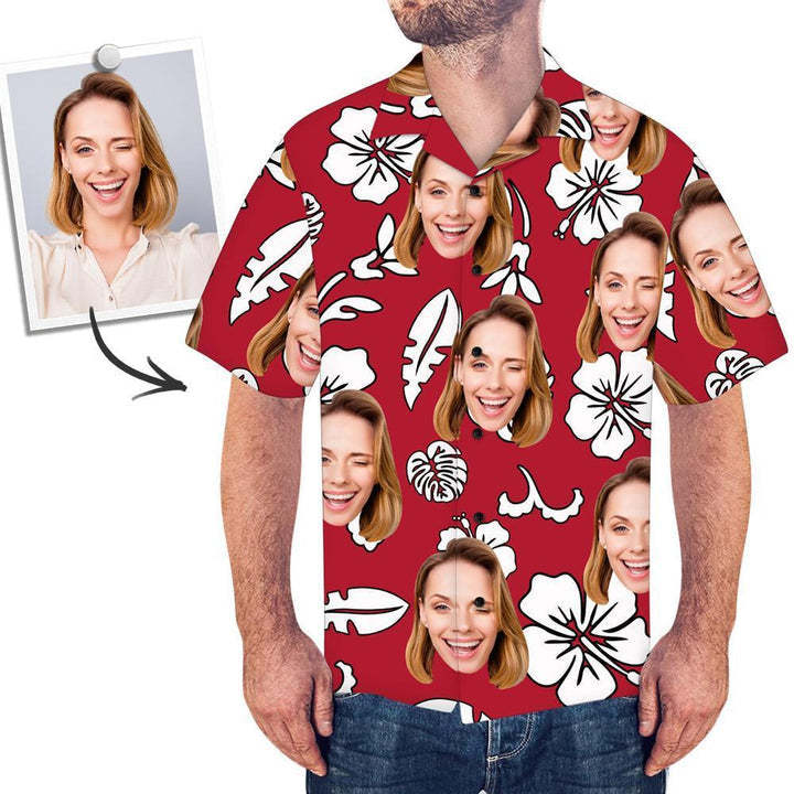 Custom Face Hawaiian Style Red Long Dress And Shirt Couple Outfit White Flowers Design - FaceSocksUSA