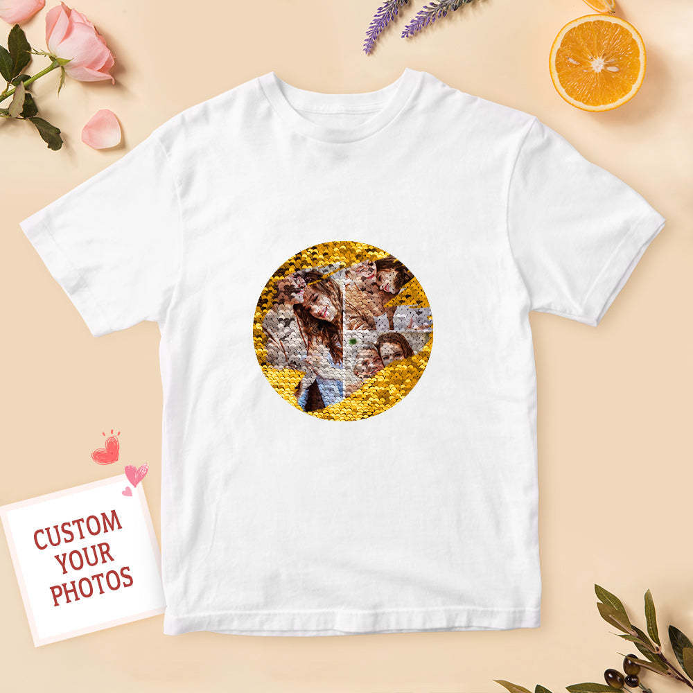 Custom Sequin T-shirt Personalized Photo Collage T-shirt Cool Mother's Day Gift - FaceSocksUSA