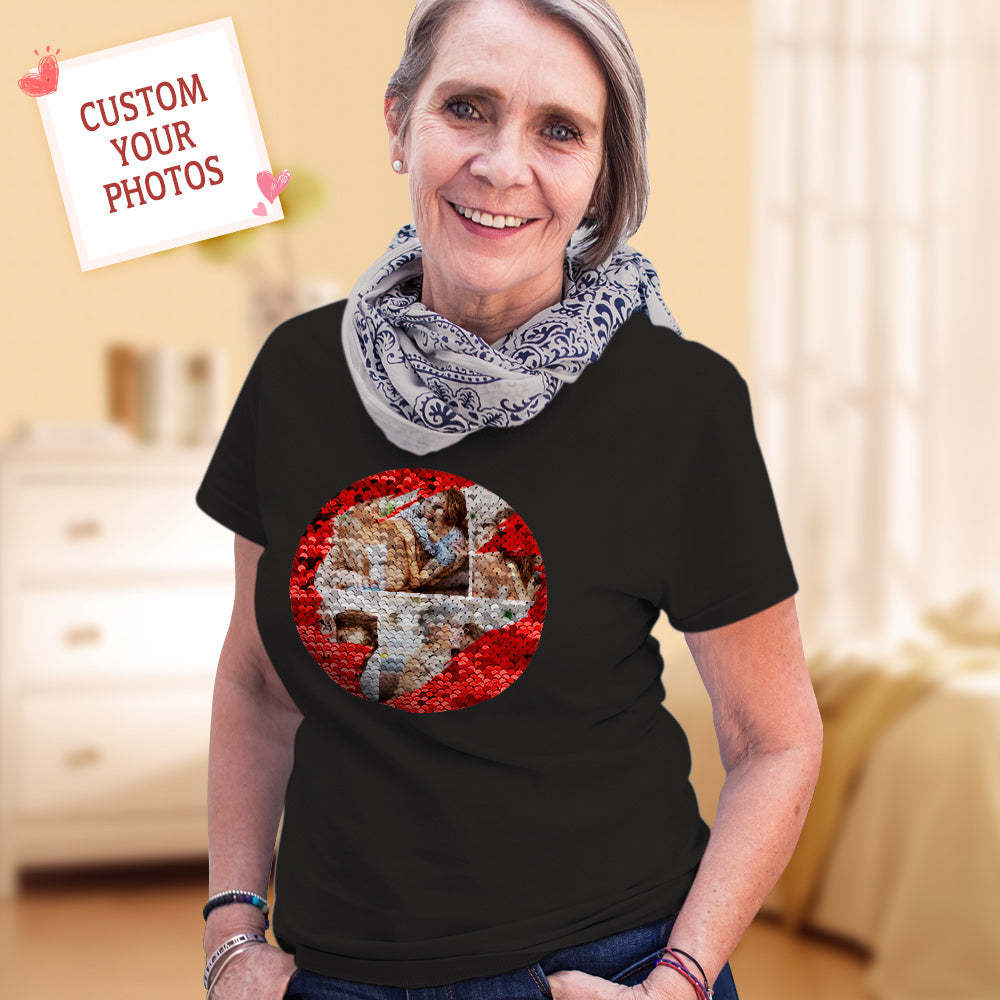 Personalized Photo Collage Sequin T-shirt Custom Photo Sequin T-shirt Best Gift for Mom - FaceSocksUSA