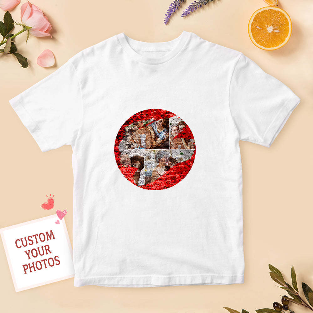 Personalized Photo Collage Sequin T-shirt Custom Photo Sequin T-shirt Best Gift for Mom - FaceSocksUSA