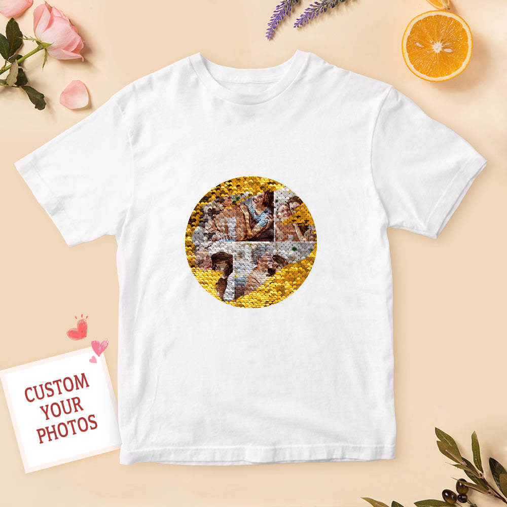 Personalized Photo Collage Sequin T-shirt Custom Photo Sequin T-shirt Best Gift for Mom - FaceSocksUSA