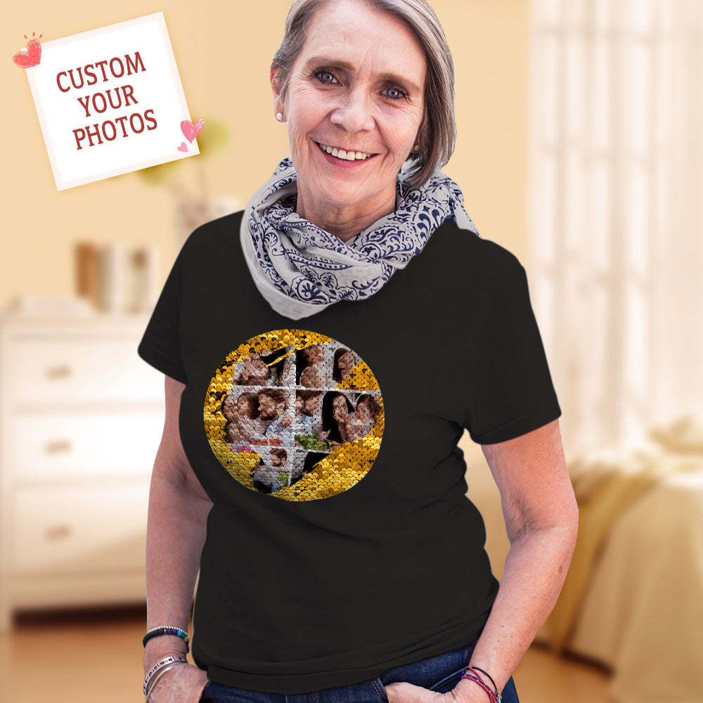 Custom Photo Collage Sequin T-shirt Personalized Sequin T-shirt with Photo - FaceSocksUSA