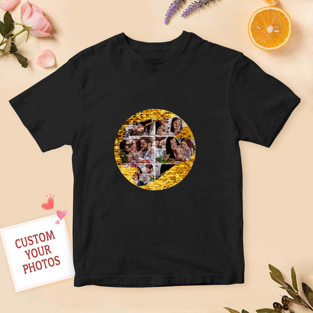 Custom Photo Collage Sequin T-shirt Personalized Sequin T-shirt with Photo - FaceSocksUSA