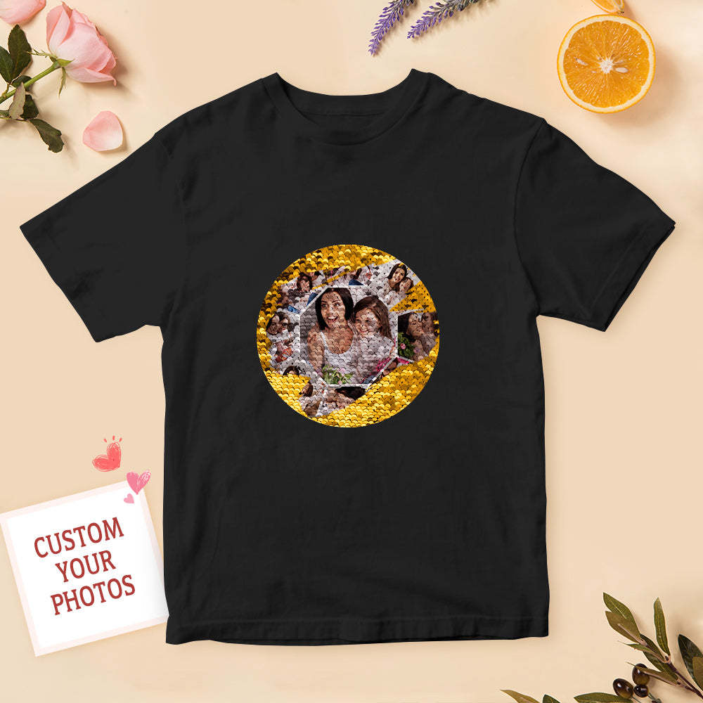 Personalized Sequin T-shirt Personalized Photo Collage Sequin T-shirt Best Mother's Day Gift - FaceSocksUSA