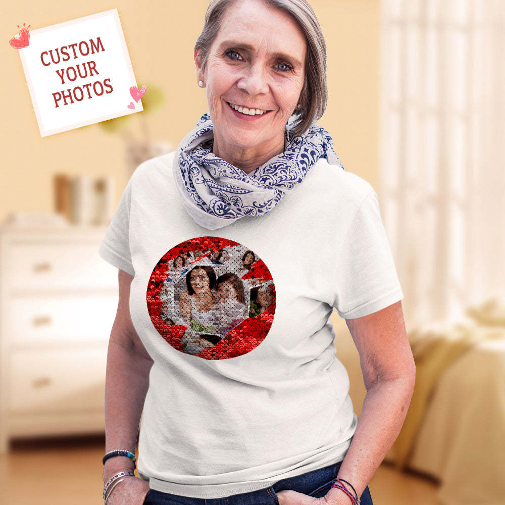 Personalized Sequin T-shirt Personalized Photo Collage Sequin T-shirt Best Mother's Day Gift	 - FaceSocksUSA