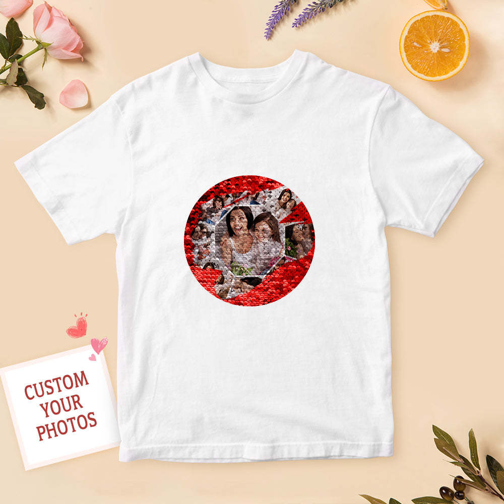 Personalized Sequin T-shirt Personalized Photo Collage Sequin T-shirt Best Mother's Day Gift - FaceSocksUSA