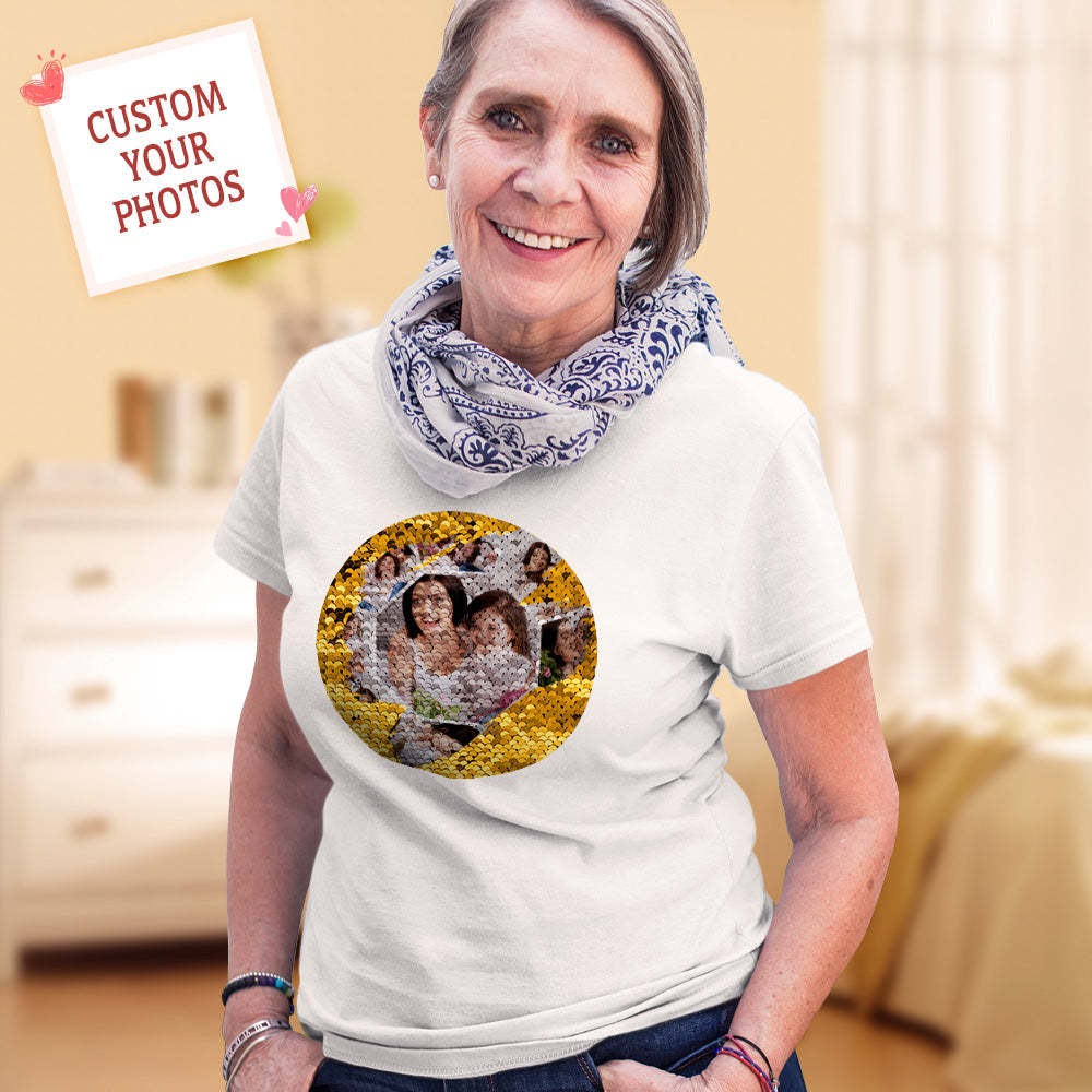 Personalized Sequin T-shirt Personalized Photo Collage Sequin T-shirt Best Mother's Day Gift	 - FaceSocksUSA