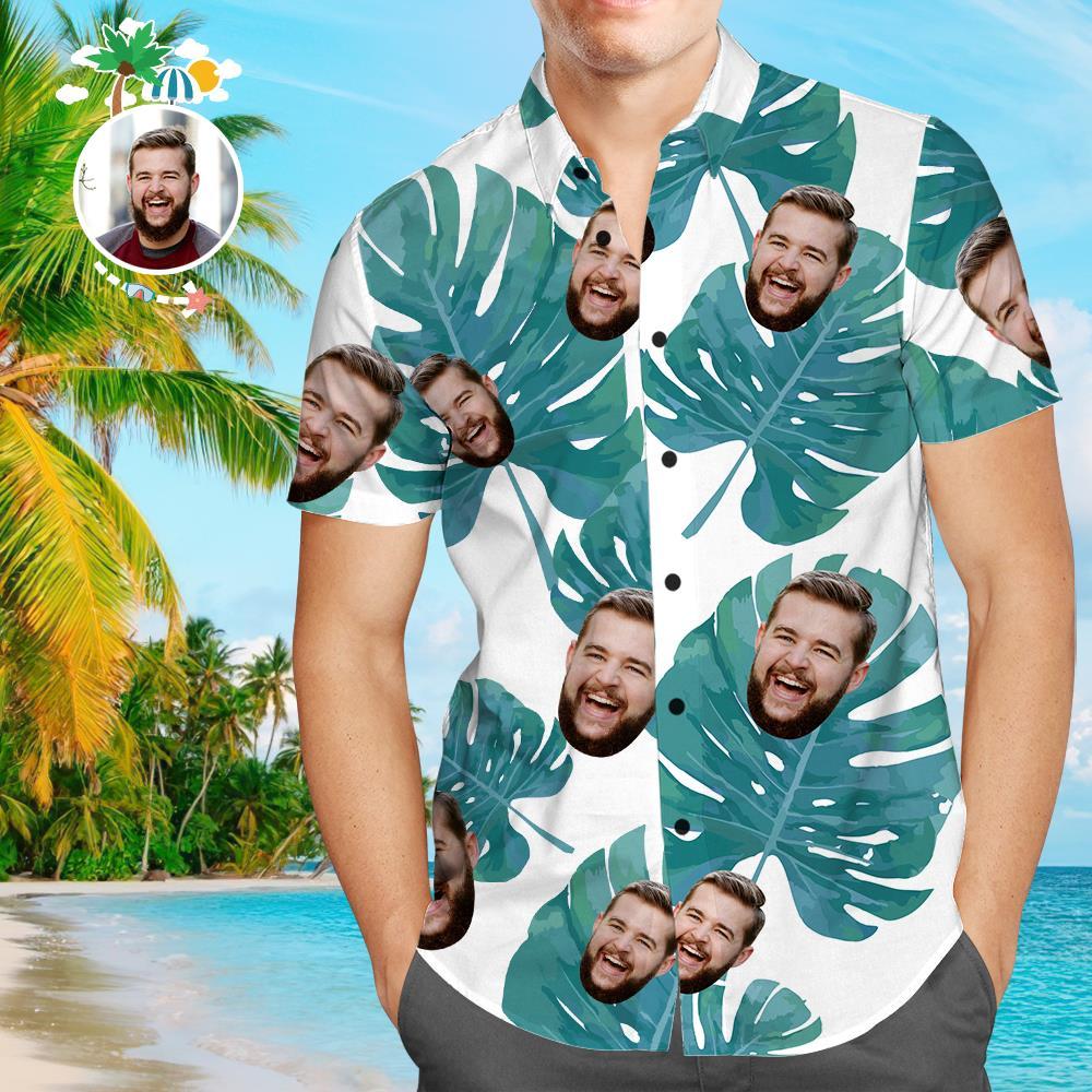 Custom Dog Face Hawaiian Shirt Custom Tropical Shirts Green Leaves Beach Shirt	 - FaceSocksUSA