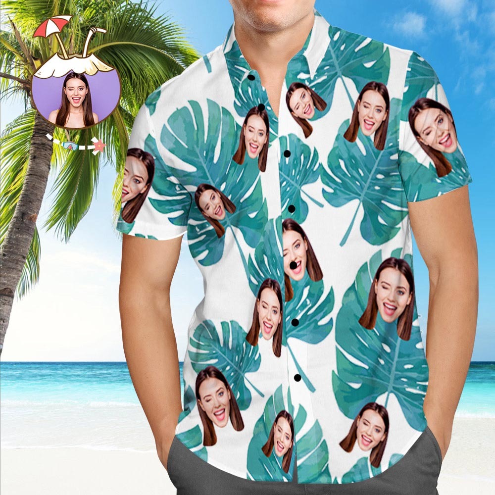 Custom Dog Face Hawaiian Shirt Custom Tropical Shirts Green Leaves Beach Shirt	 - FaceSocksUSA