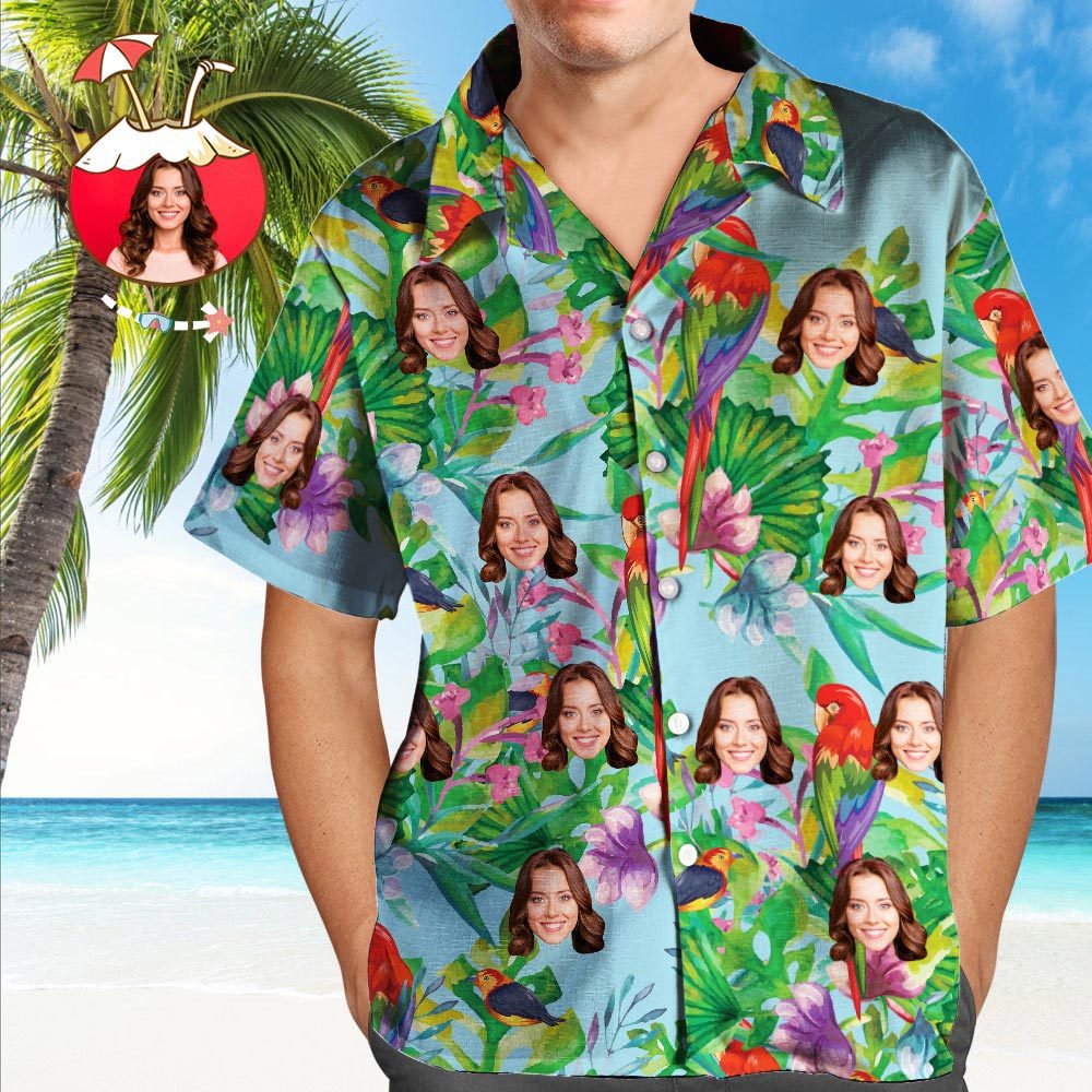 Custom Face Shirt Men's Hawaiian Shirt Colorful Parrot - FaceSocksUSA