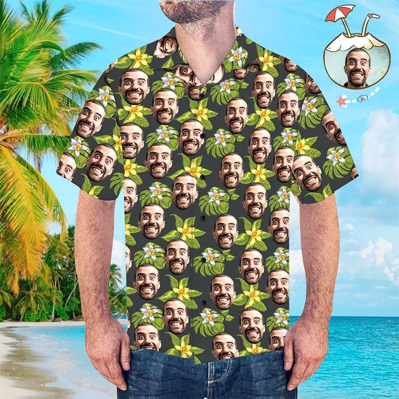 Custom Hawaiian Shirt with Dog Face Personalized Hawaiian Shirt Green All Over Print Hawaiian Shirt	 - FaceSocksUSA