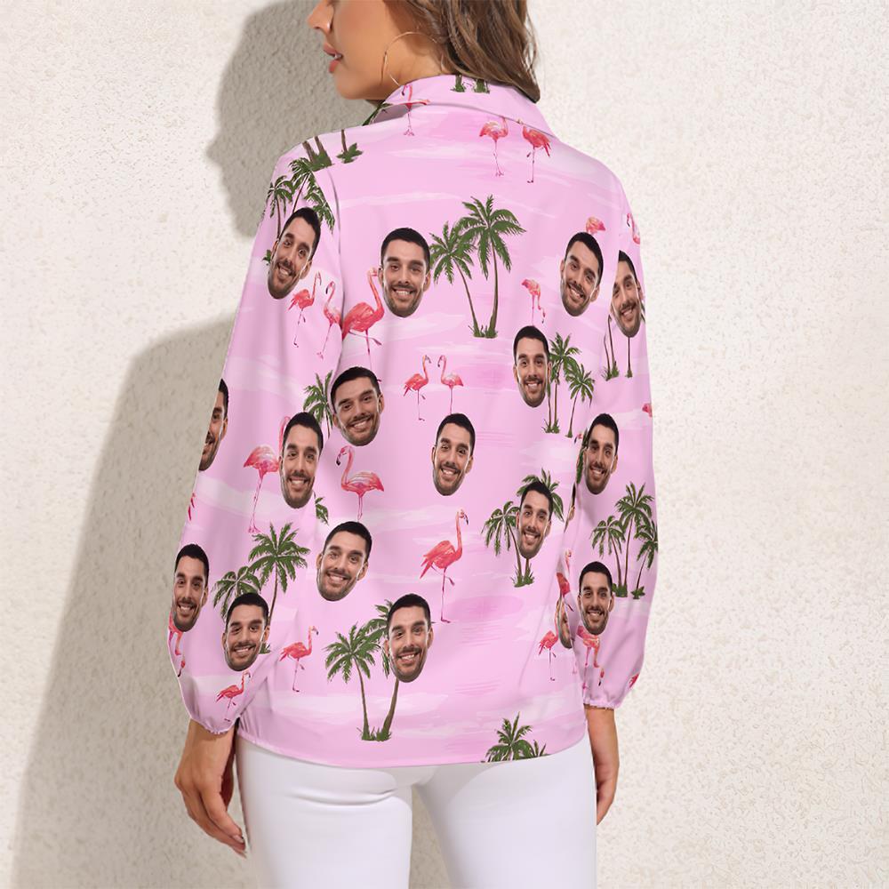 Custom Cat Face Hawaiian Shirts Pink Flamingo Vintage Long Sleeves Hawaiian Shirts for Women	 - FaceSocksUSA