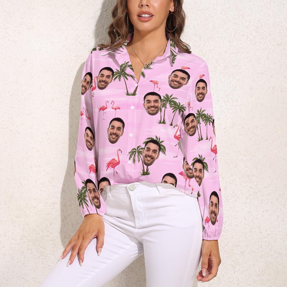Custom Cat Face Hawaiian Shirts Pink Flamingo Vintage Long Sleeves Hawaiian Shirts for Women	 - FaceSocksUSA