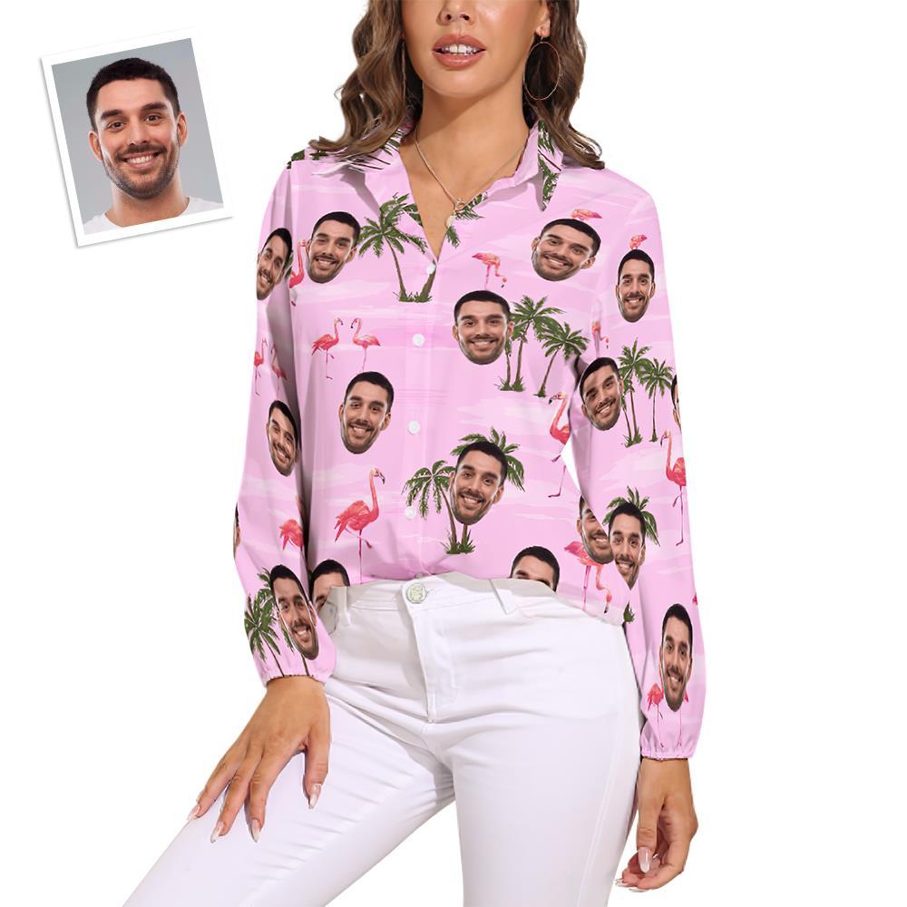 Custom Cat Face Hawaiian Shirts Pink Flamingo Vintage Long Sleeves Hawaiian Shirts for Women	 - FaceSocksUSA