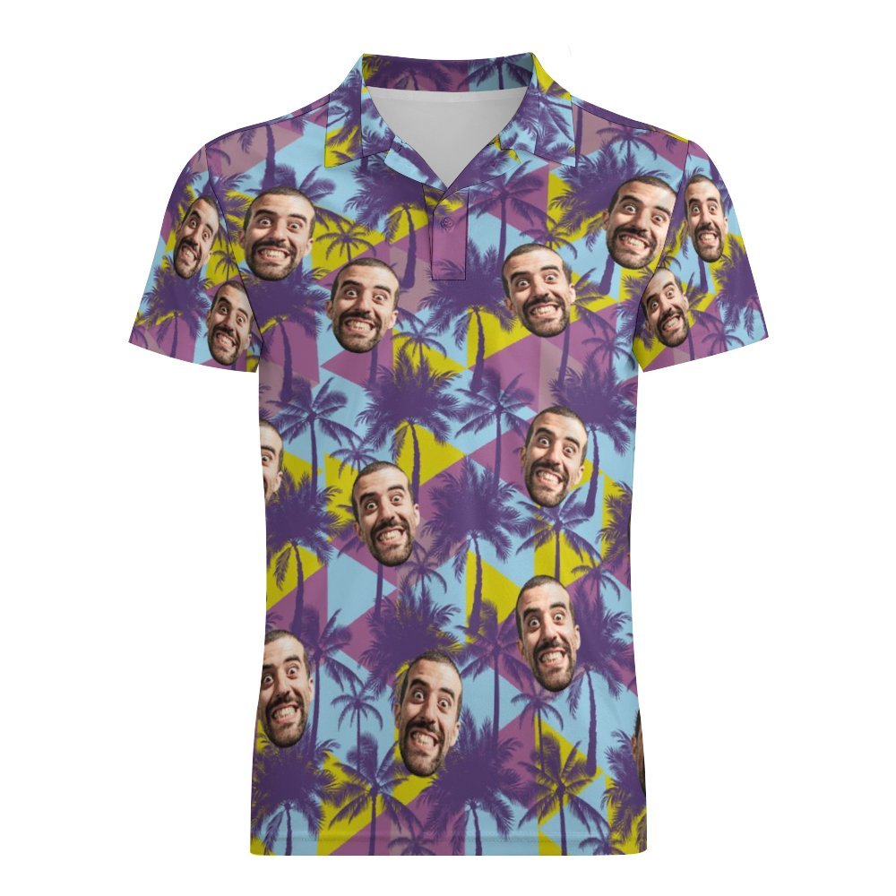 Men's Custom Face Polo Shirt Colorful Coconut Trees Personalized Hawaiian Golf Shirts	 - FaceSocksUSA