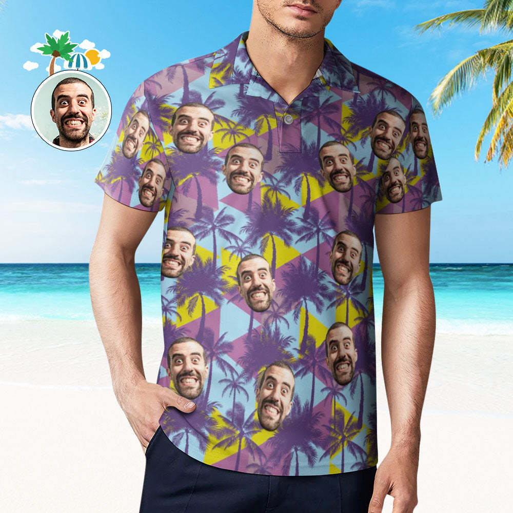 Men's Custom Face Polo Shirt Colorful Coconut Trees Personalized Hawaiian Golf Shirts - FaceSocksUSA