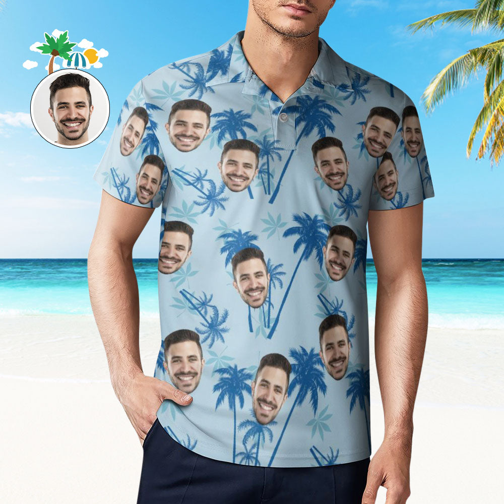 Men's Custom Face Polo Shirt Personalized Light Blue Hawaiian Golf Shirts