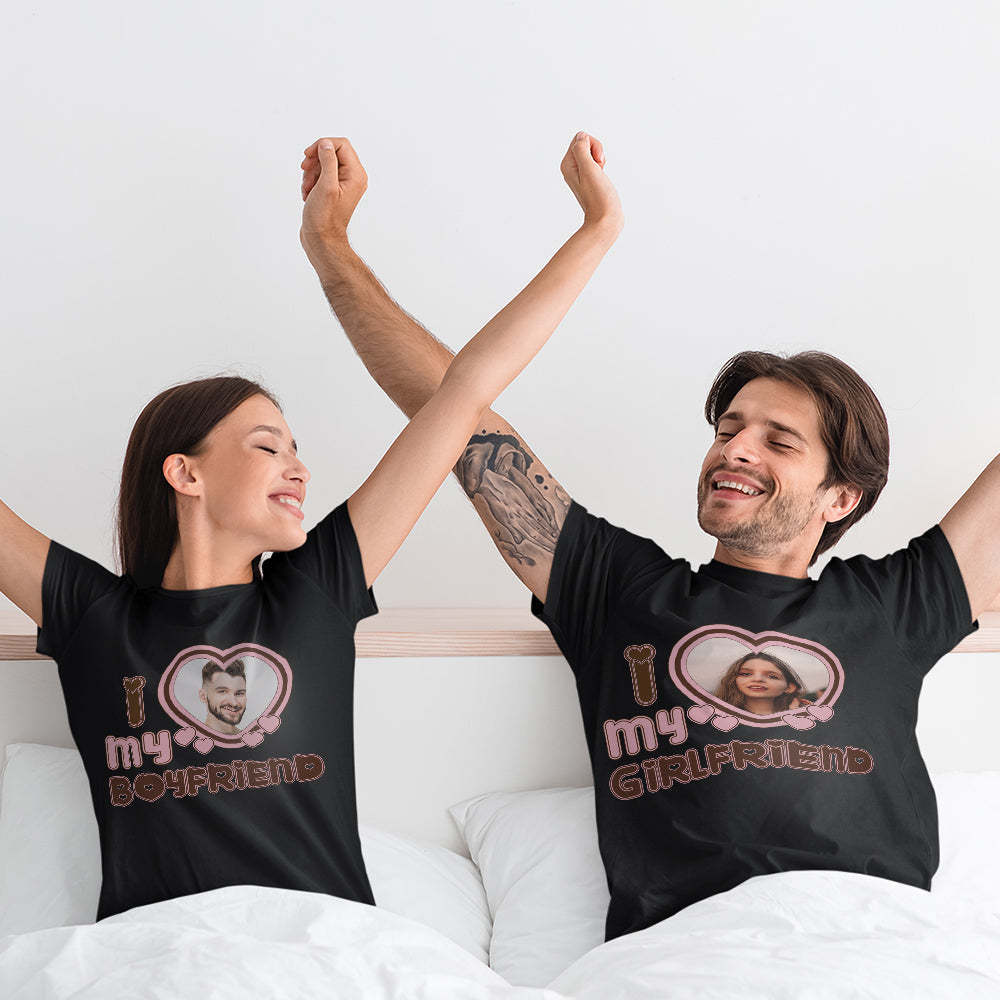 Custom Photo T-Shirt Personalized Couple T-shirt Pink Heart I Love My Girlfriend/Boyfriend - FaceSocksUSA