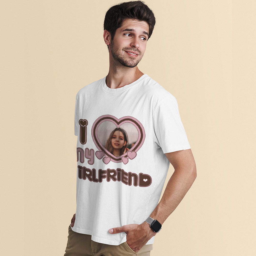 Custom Photo T-Shirt Personalized Couple T-shirt Pink Heart I Love My Girlfriend/Boyfriend - FaceSocksUSA