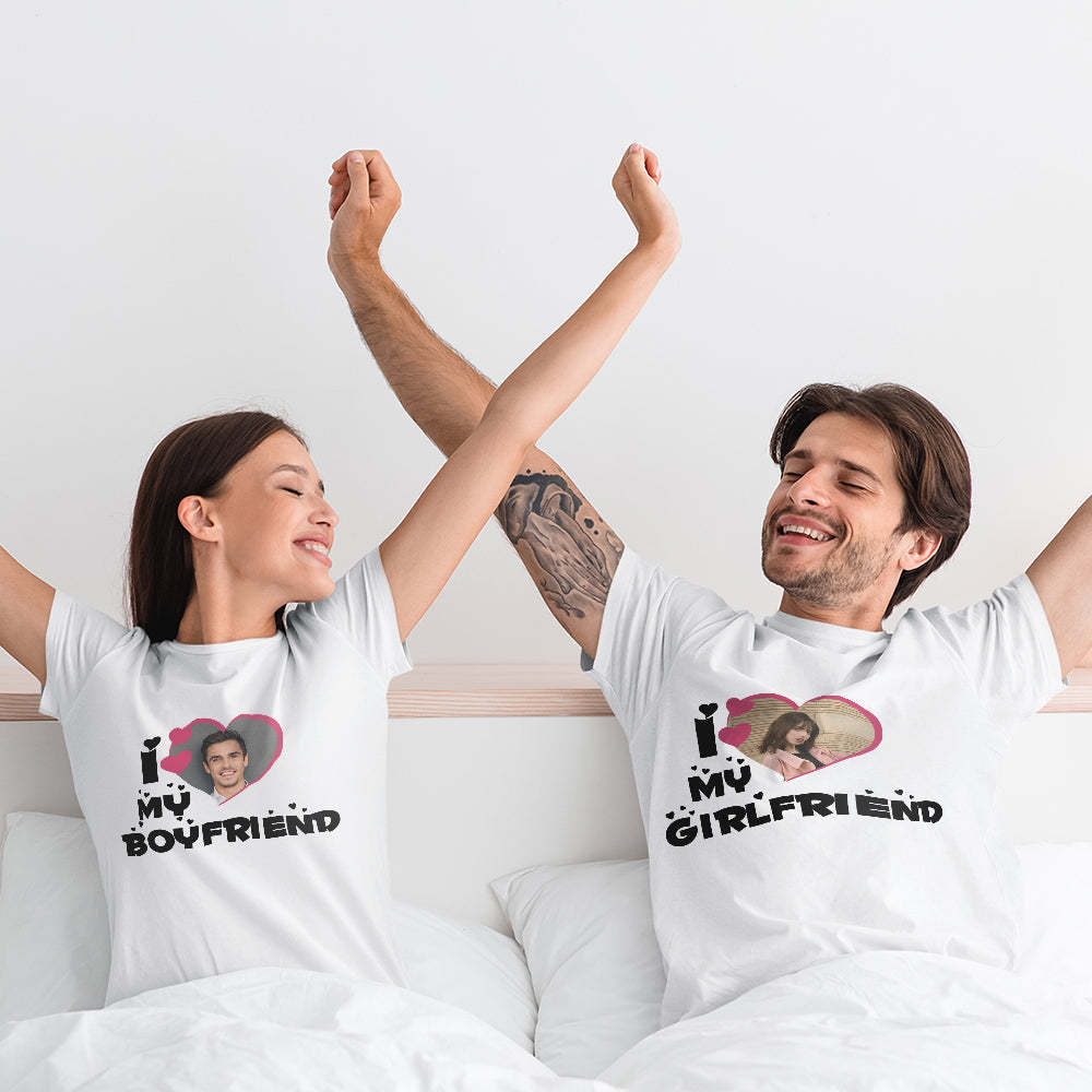 Custom Photo T-Shirt I Love My Girlfriend/Boyfriend Personalized Couple T-shirt Pink Heart	 - FaceSocksUSA