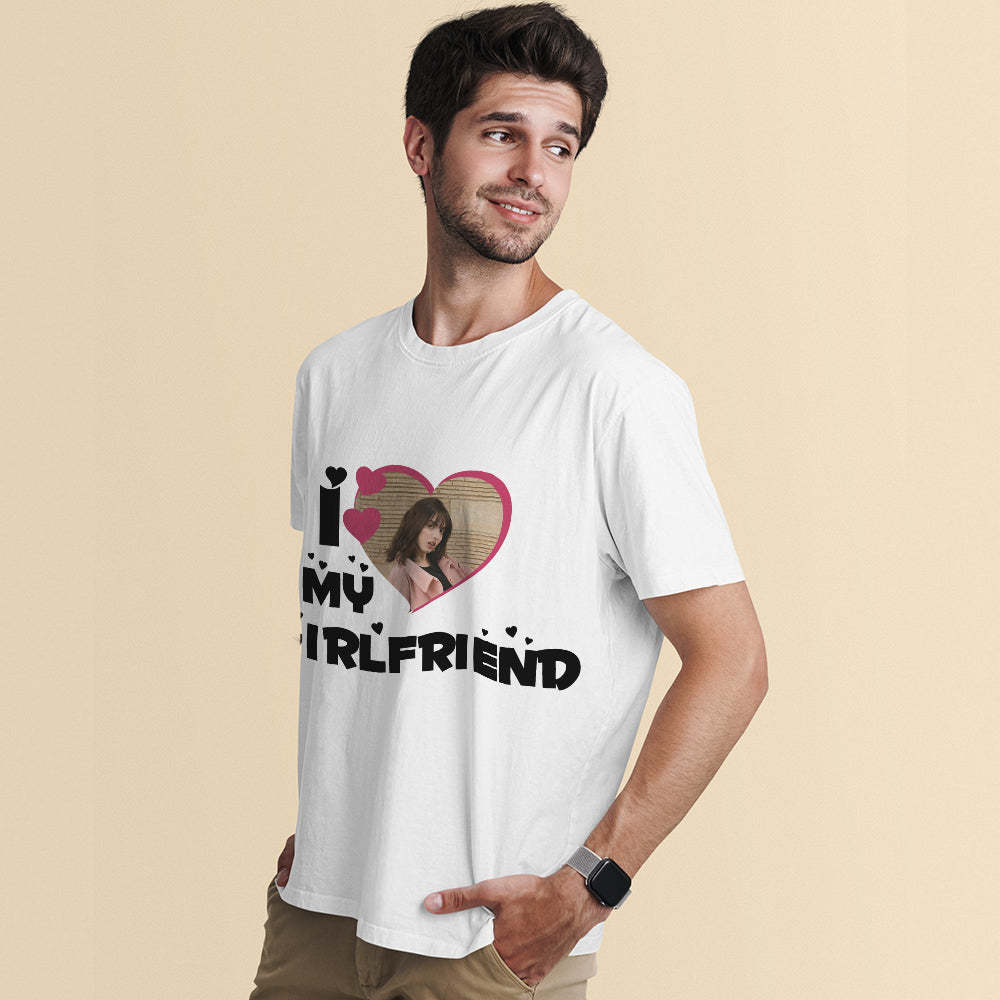 Custom Photo T-Shirt I Love My Girlfriend/Boyfriend Personalized Couple T-shirt Pink Heart	 - FaceSocksUSA