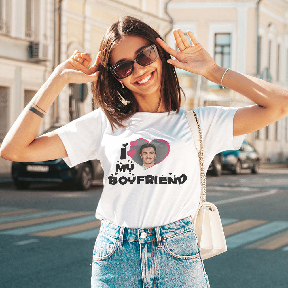 Custom Photo T-Shirt I Love My Girlfriend/Boyfriend Personalized Couple T-shirt Pink Heart	 - FaceSocksUSA