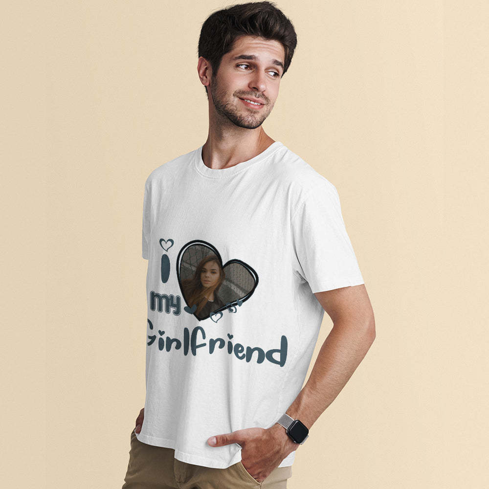 Custom Photo T-Shirt Personalized Couple T-shirt Blue Heart I Love My Girlfriend/Boyfriend - FaceSocksUSA