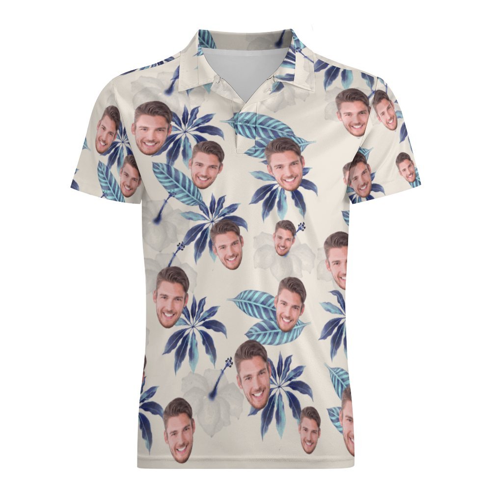Custom Face Polo Shirt For Men Flowers and Leaves Personalized Hawaiian Golf Shirts	 - FaceSocksUSA