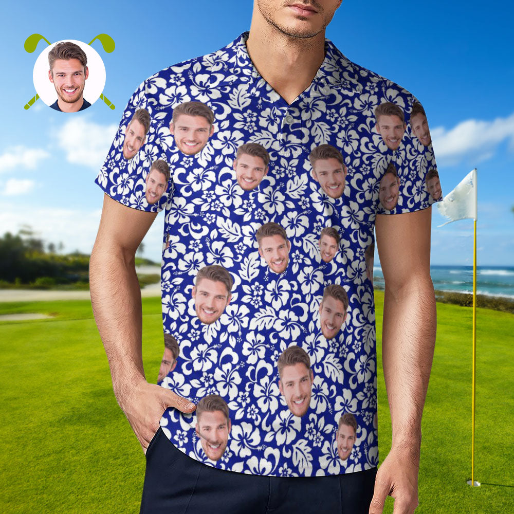 Custom Face Polo Shirt For Men Personalized Blue Hawaiian Golf Shirts