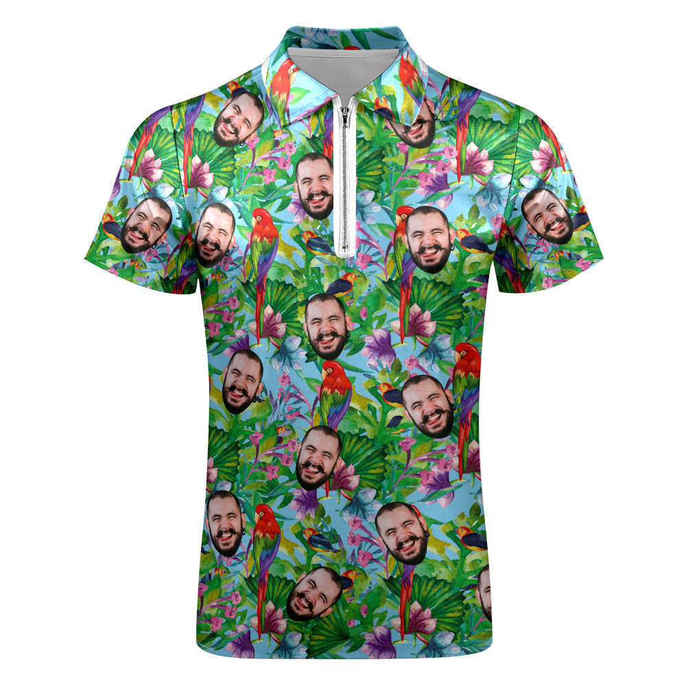 Custom Polo Shirt with Zipper Personalized Face Hawaiian Style Men's Polo Shirt for Him	 - FaceSocksUSA