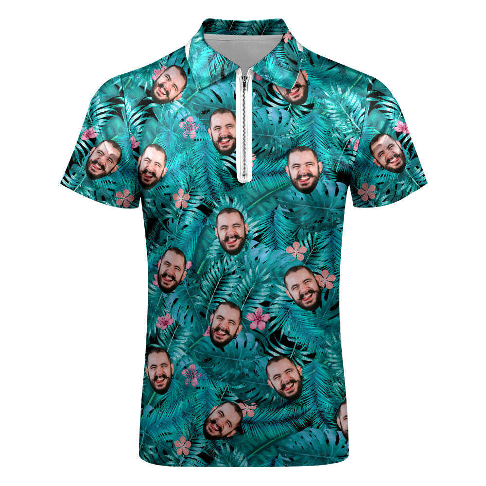 Custom Hawaiian Style Polo Shirt with Zipper Personalized Face Polo Shirt for Boyfriend or Husband	 - FaceSocksUSA