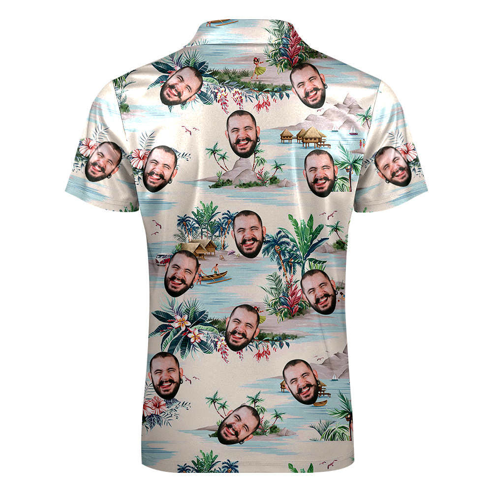 Custom Face Hawaiian Style Polo Shirt with Zipper Men's Polo Shirt for Boyfriend or Husband	 - FaceSocksUSA