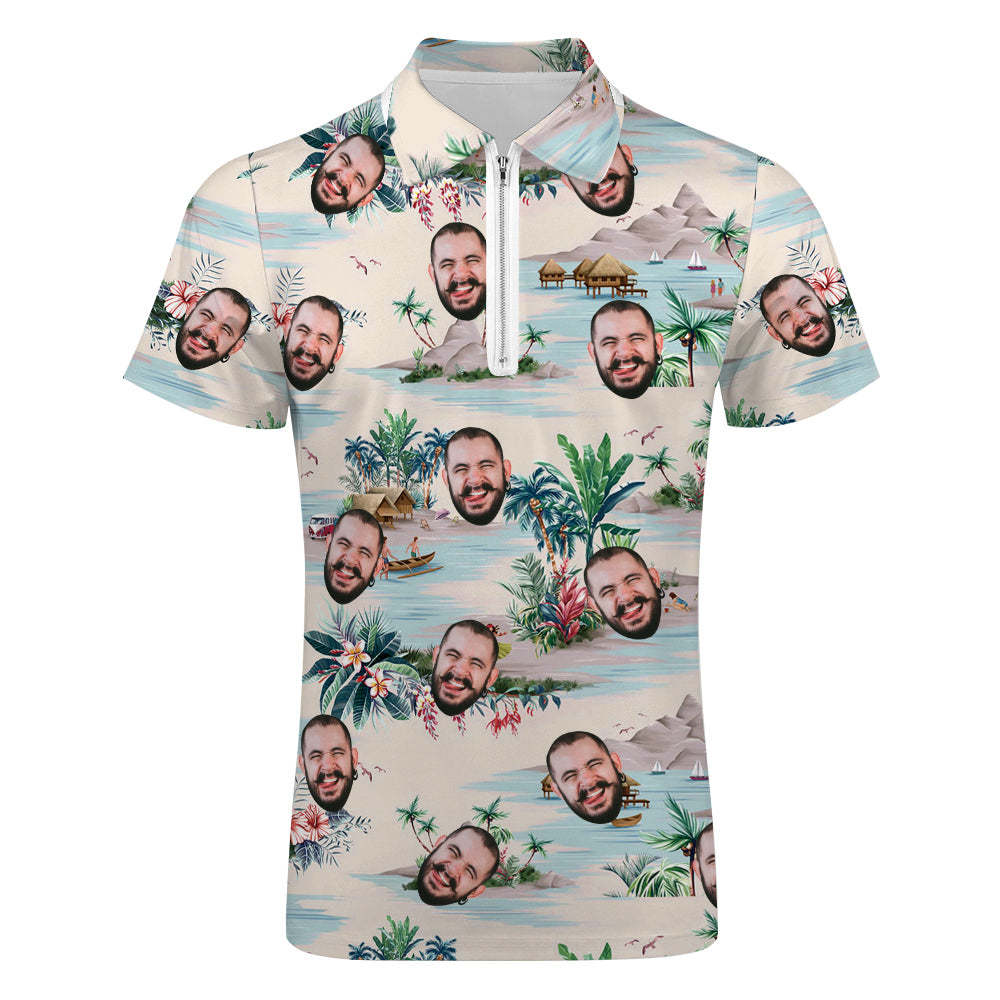 Custom Face Hawaiian Style Polo Shirt with Zipper Men's Polo Shirt for Boyfriend or Husband	 - FaceSocksUSA
