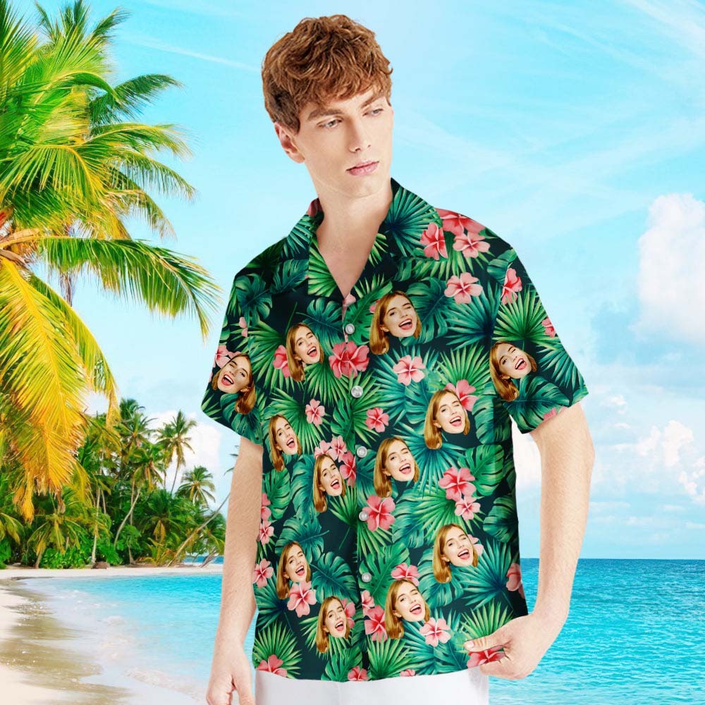 Custom Face Shirt Men's Hawaiian Shirt Red Flowers-FaceSocksUSA