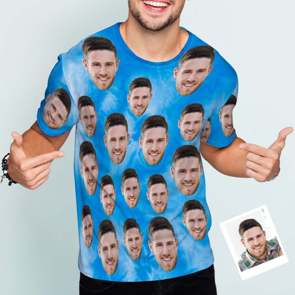 Custom Face Men's T-shirt Personalized Photo Funny Tie Dye T-shirt Gift For Men Blue - FaceSocksUsa