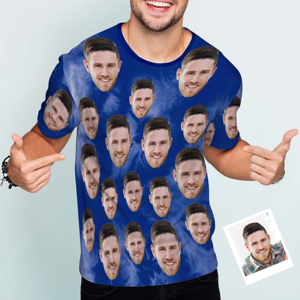 Custom Face Men's T-shirt Personalized Photo Funny Tie Dye T-shirt Gift For Men Dark Blue - FaceSocksUsa