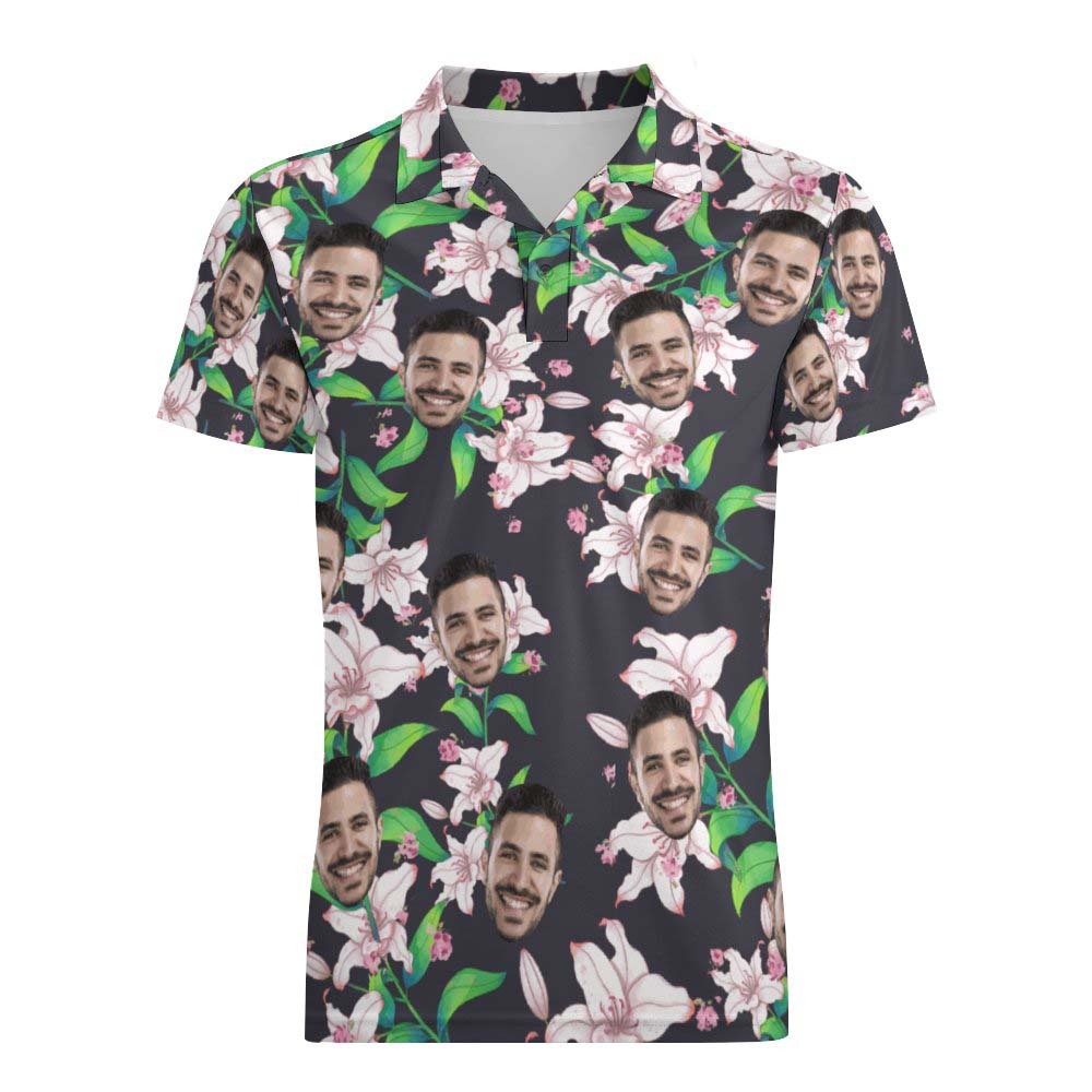 Men's Custom Face Shirt Personalized Golf Shirts Pink Lily Pattern	 - FaceSocksUSA