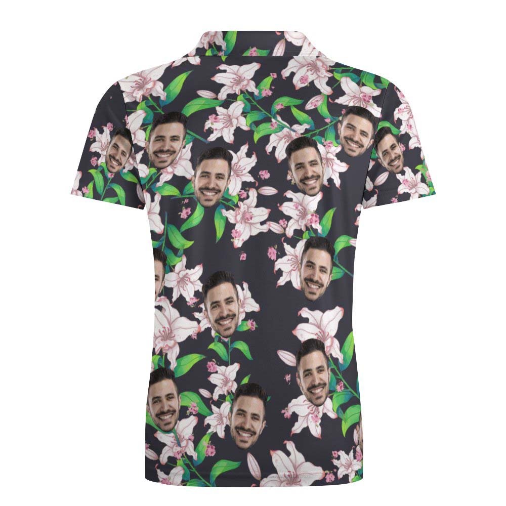 Men's Custom Face Shirt Personalized Golf Shirts Pink Lily Pattern	 - FaceSocksUSA