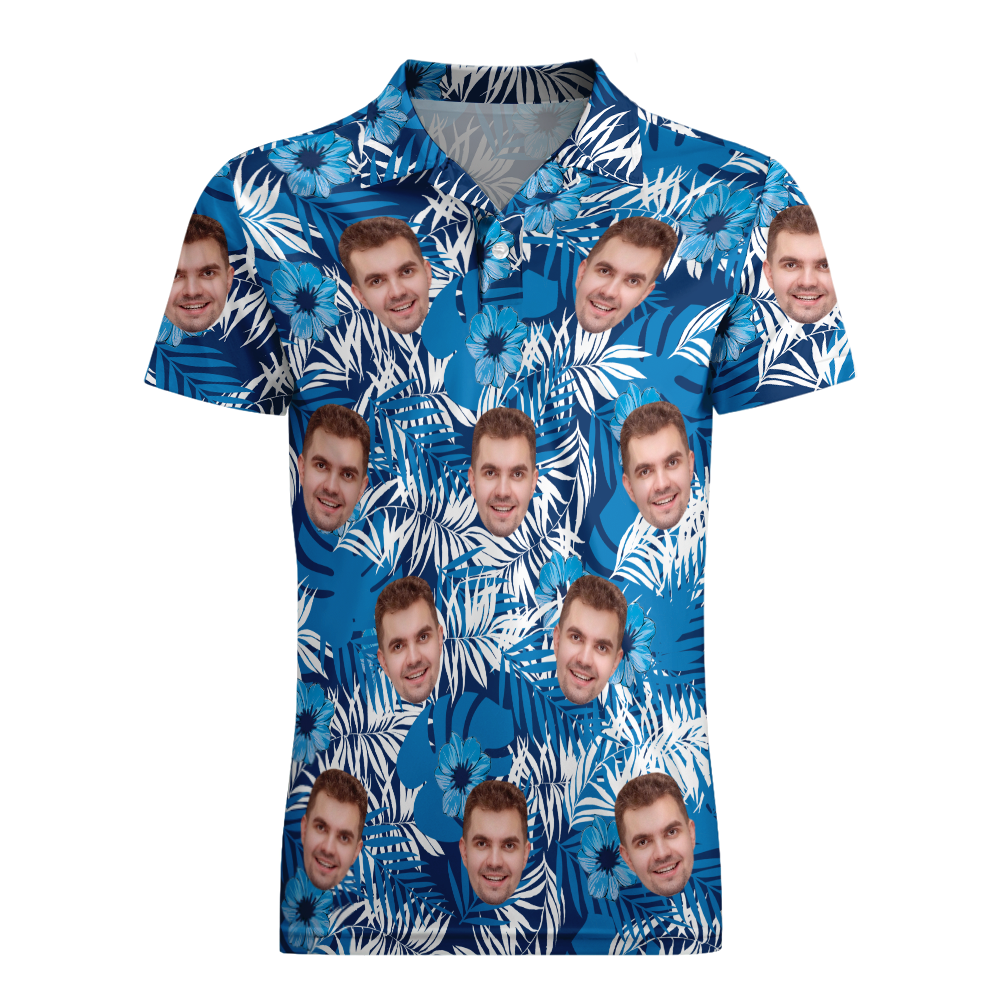 Men's Custom Face POLO Shirt Personalized Golf Shirts For Him Blue Leaves	 - FaceSocksUSA