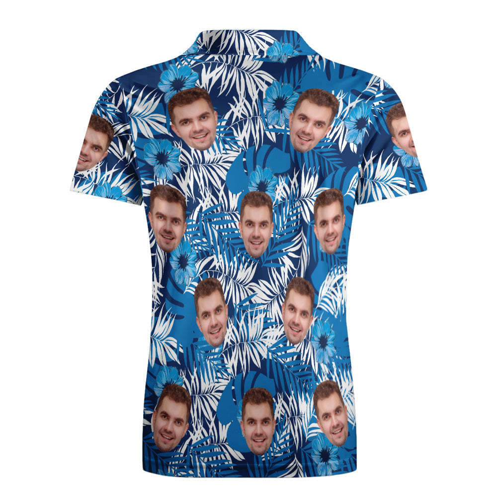 Men's Custom Face POLO Shirt Personalized Golf Shirts For Him Blue Leaves	 - FaceSocksUSA