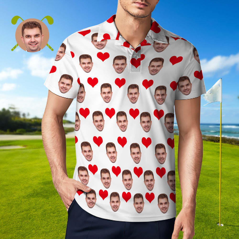 Men's Custom Face POLO Shirt Personalized Golf Shirts For Him Love Heart	 - FaceSocksUSA