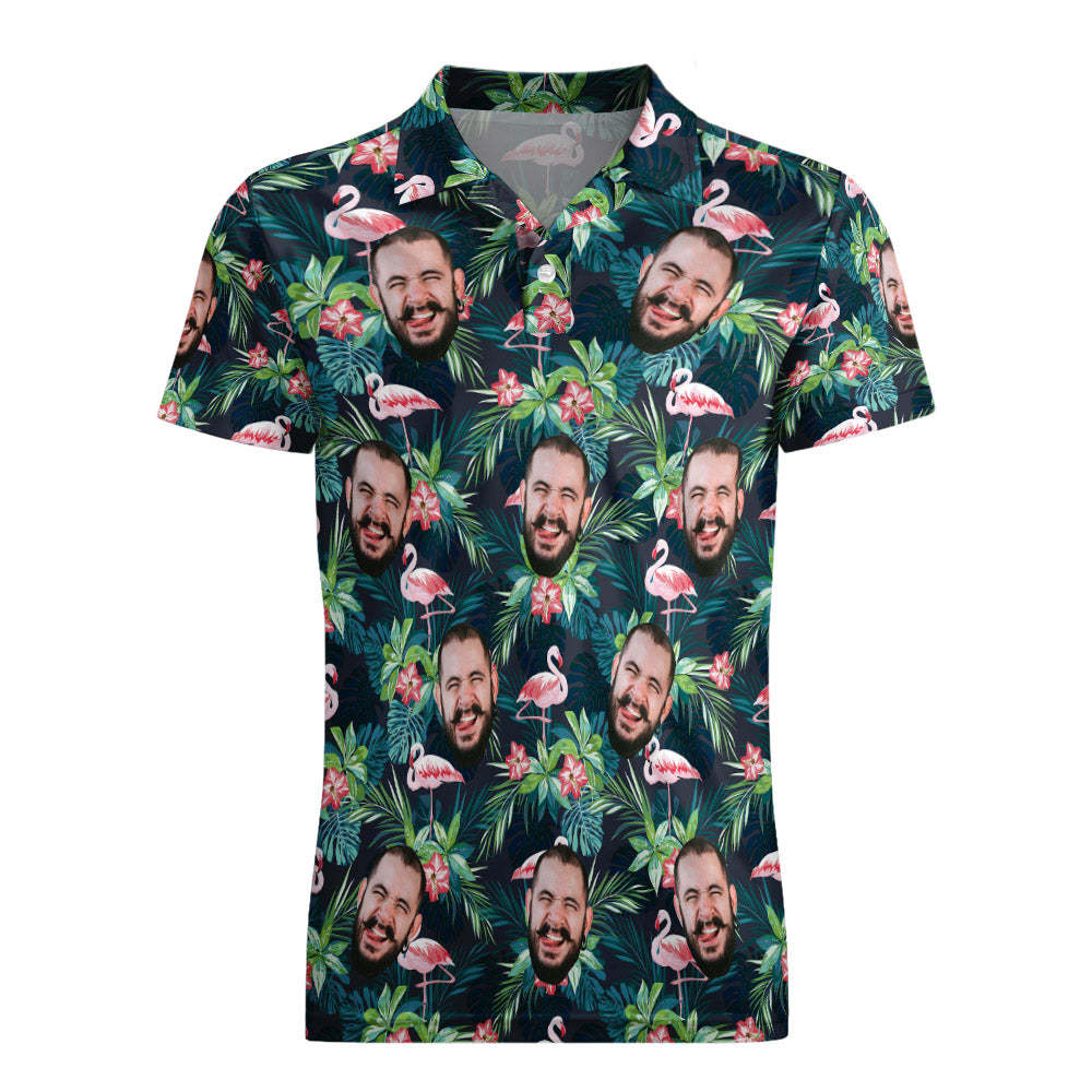 Men's Custom Face POLO Shirt Personalized Golf Shirts For Him Flamingo Flower Father's Day Gift - FaceSocksUSA