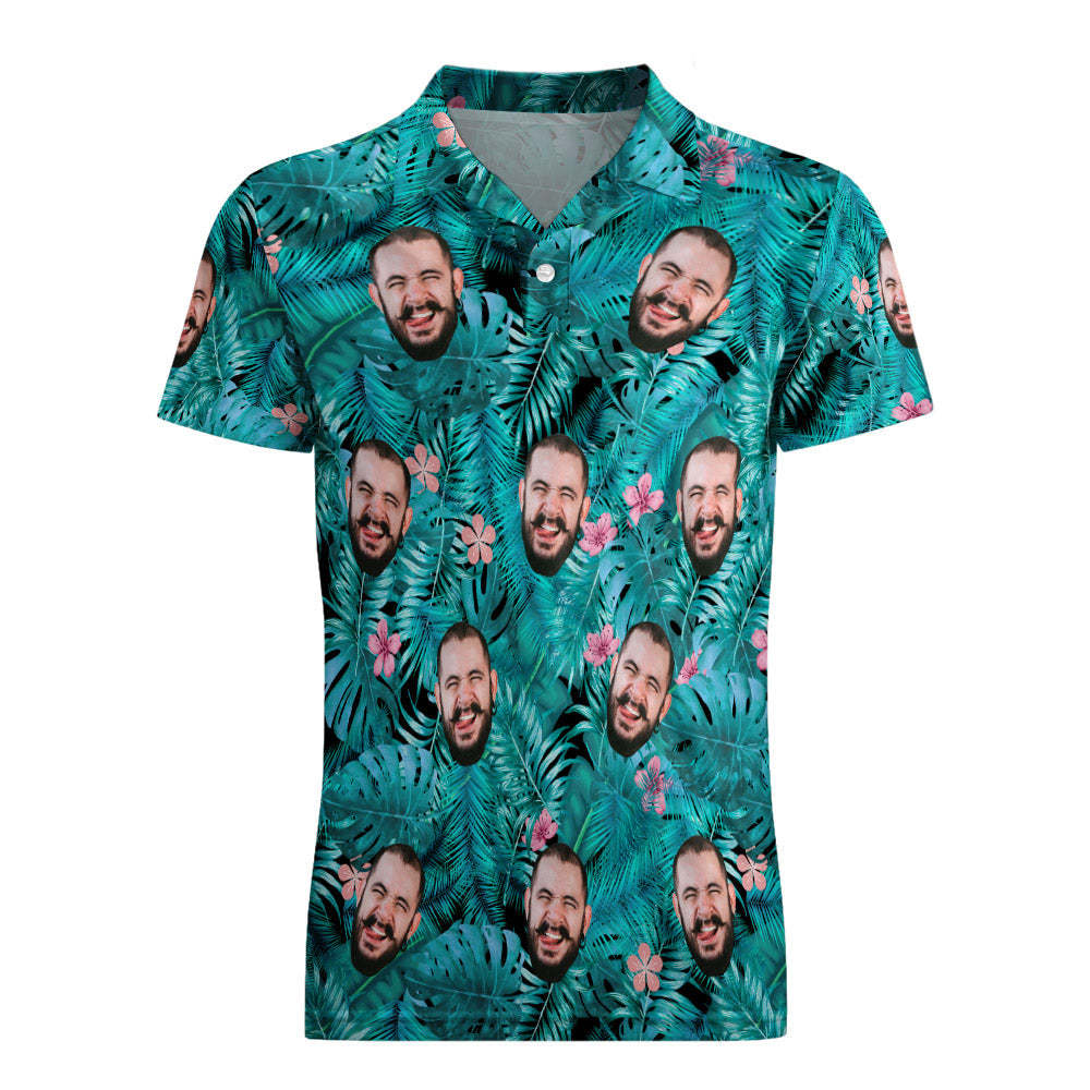 Men's Custom Face POLO Shirt Personalized Blue Golf Shirts For Him Pink Flower	 - FaceSocksUSA