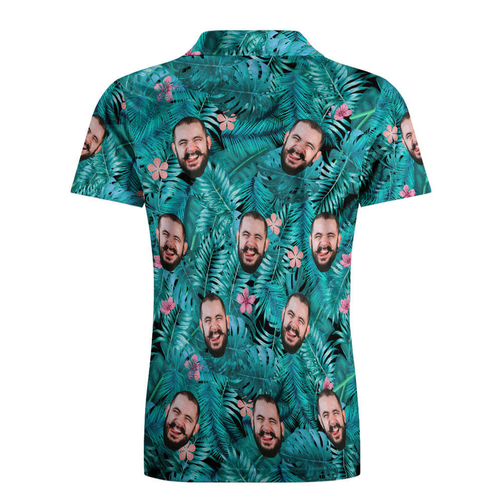 Men's Custom Face POLO Shirt Personalized Blue Golf Shirts For Him Pink Flower	 - FaceSocksUSA