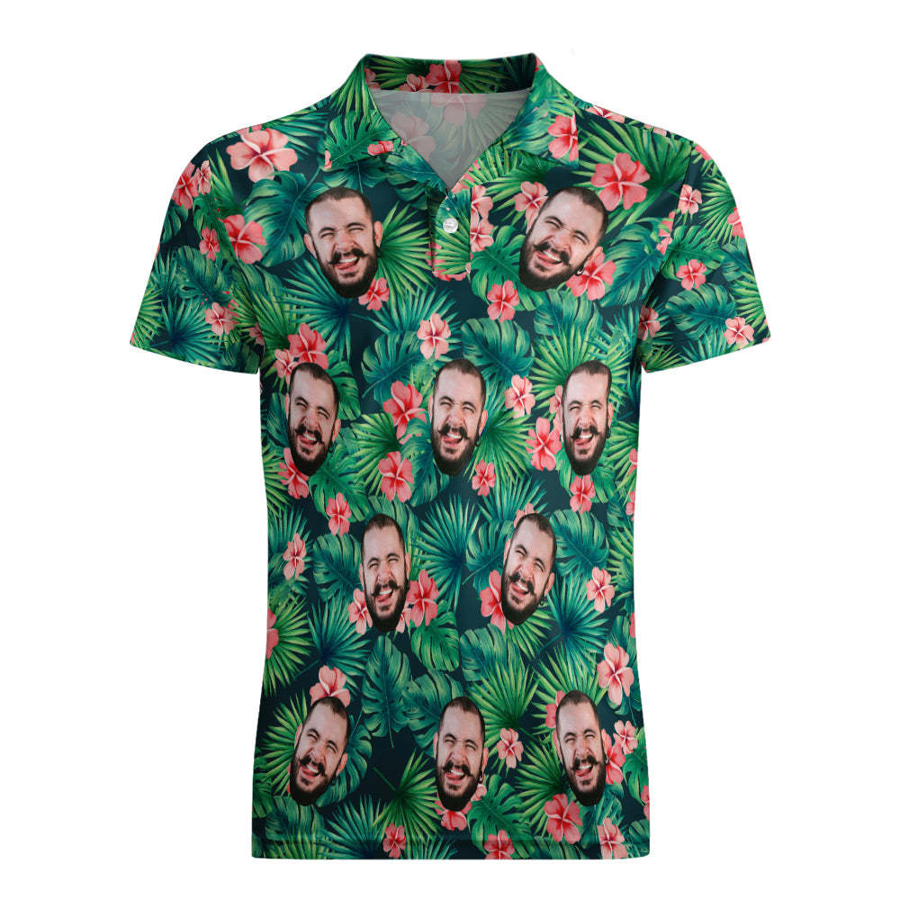 Men's Custom Face POLO Shirt Personalized Green Golf Shirts For Him Hawaiian Pink Flower	 - FaceSocksUSA
