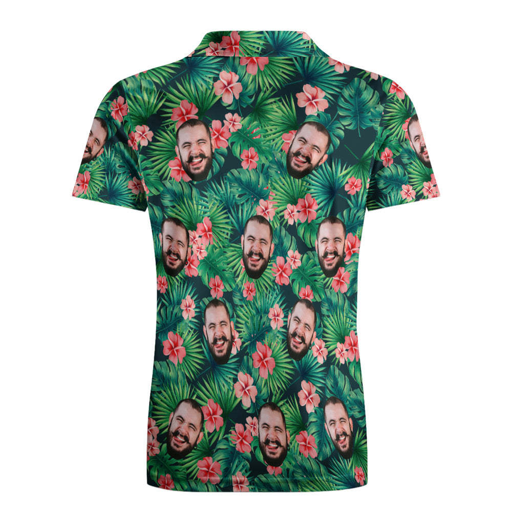 Men's Custom Face POLO Shirt Personalized Green Golf Shirts For Him Hawaiian Pink Flower	 - FaceSocksUSA