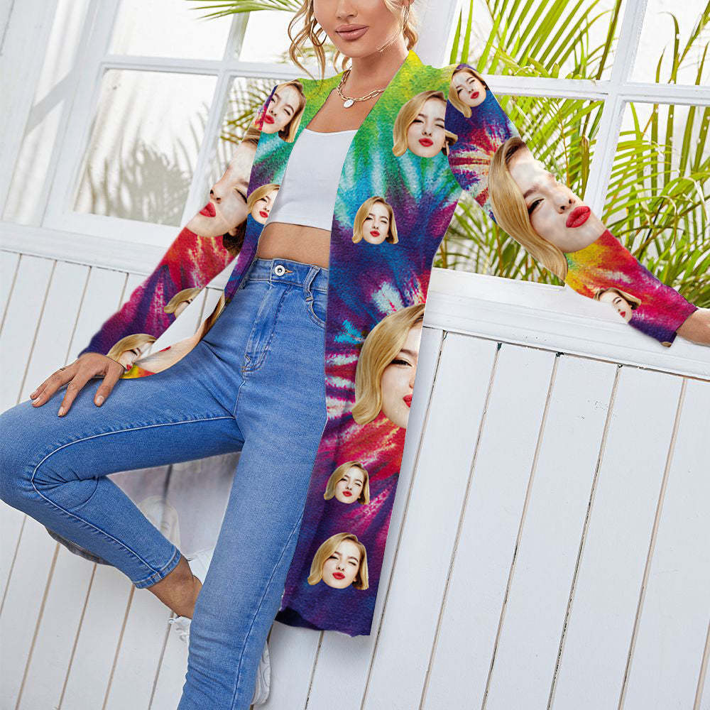 Personalized Face Rainbow Color Cardigan Women Long Sleeve Open Front Cardigans - FaceSocksUSA