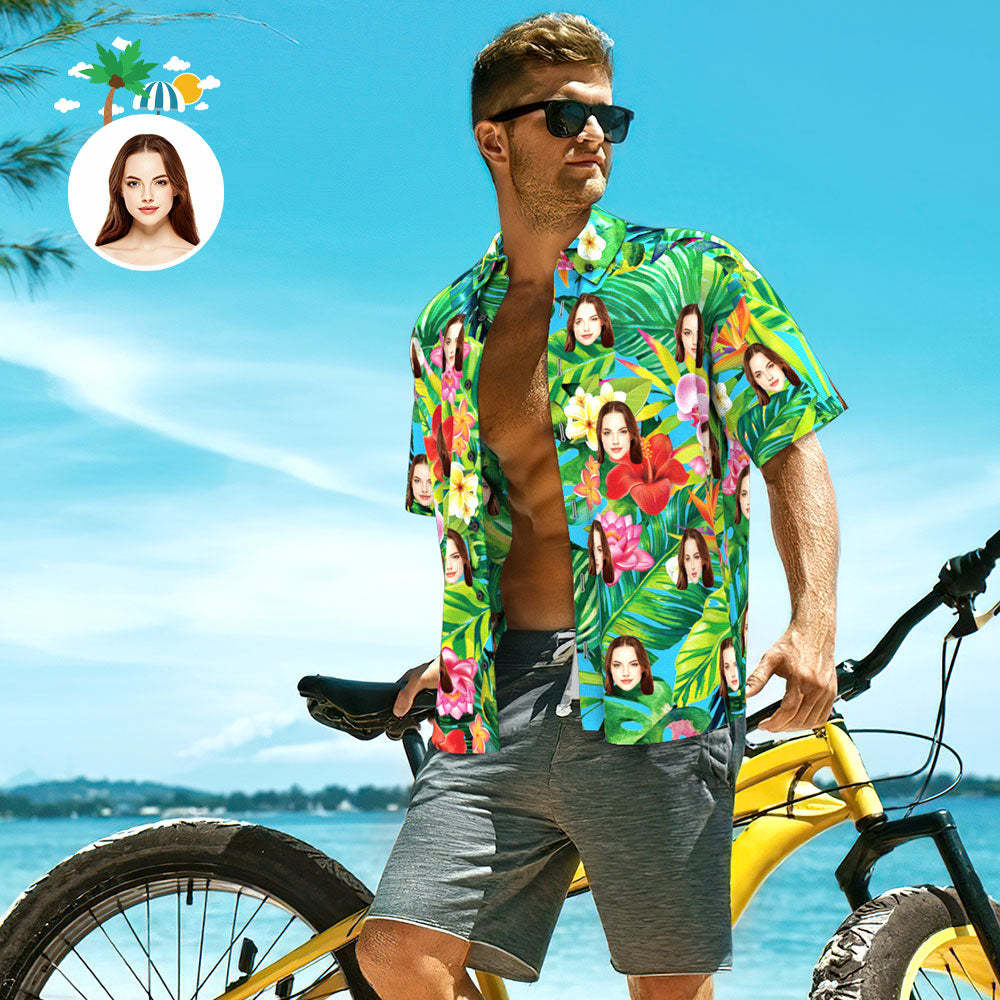 Custom Face Shirt Personalized Photo Men's Hawaiian Shirt Men's Hawaiian Shirt Green Leaves and Flowers - FaceSocksUSA