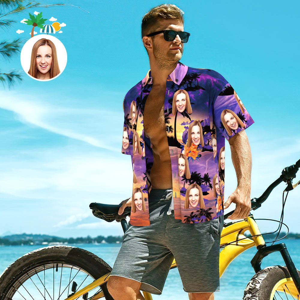 Custom Face Shirt Personalized Photo Men's Hawaiian Shirt Men's Hawaiian Shirt Purple Sunset - FaceSocksUSA