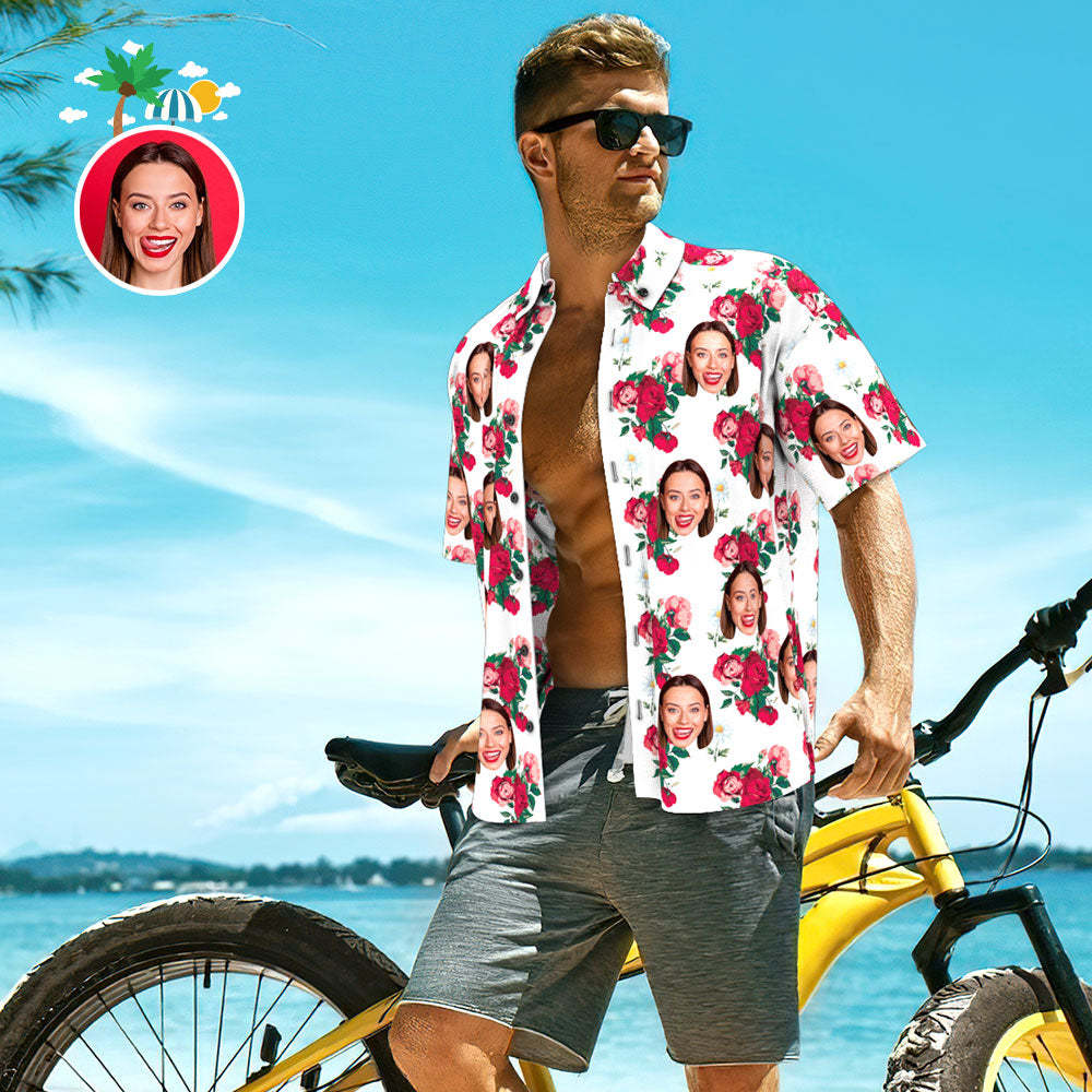 Custom Face Shirt Personalized Photo Men's Hawaiian Shirt Men's Hawaiian Shirt Rose Flower - FaceSocksUSA